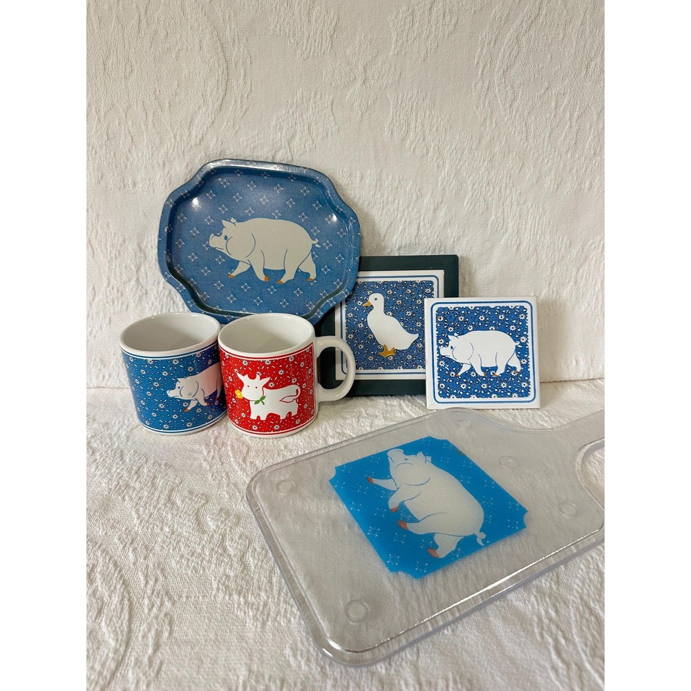 JSNY Farmhouse Animal Bundle Two Mugs Metal Tray Goose Trivet Plastic Pig Board